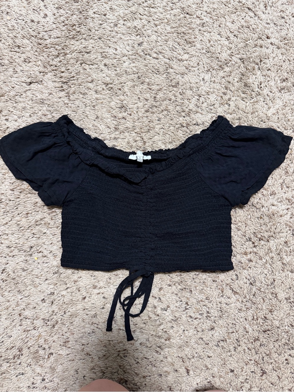 Love Tree Black Smocked Off-Shoulder Crop Top
